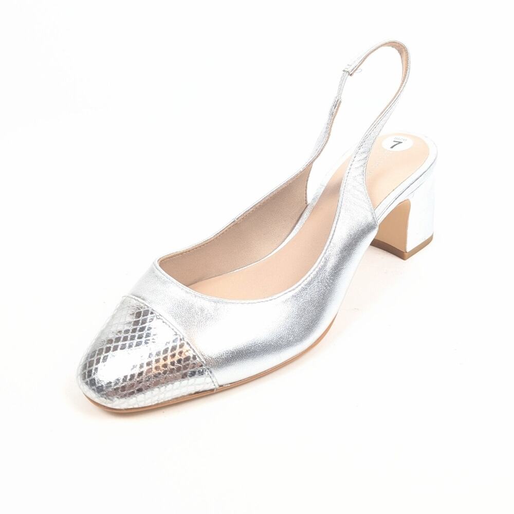 Stuart Weitzman Milla Silver Block Heel Slingback Pumps Size 7